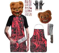 TaiXinYuly Halloween Oso del Terror Disfraces,Máscara de Oso Sangriento,Máscara de Halloween, Delantal Sangriento, Cuchillo Sangriento, Pegatinas Cicatriciales, Guantes, Terror Cosplay Fiesta