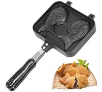 Taiyaki Molde de pescado, antiadherente para gofrera, de aleación de aluminio en forma de pez, sartén doble con 2 asas resistentes al calor para cocina, restaurante, camping y viajes (negro, estilo 1)