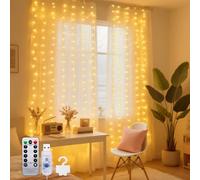 taiyongkang Cortina de luces interior 3 x 3 m con 10 ganchos, hilos de luz cortables, 200 ledes, con mando a distancia USB, 8 modos de parpadeo, temporizador, resistente al agua, para ventanas