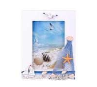 TAIYOU Marco de fotos vintage de madera de 4 x 6 pulgadas, decoración marco de fotos shabby estilo mediterráneo, marco de fotos náutico con conchas velero red de pesca estrella de mar gaviota