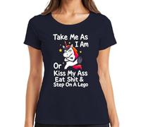Take Me As I Am Or Kiss My Ass Unicornio Divertida Camiseta Mujer, azul marino, 3XL