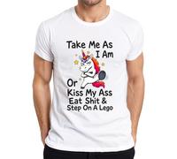 Take Me As I Am Or Kiss My Ass Unicornio Divertida Camiseta para Hombre, Blanco, M