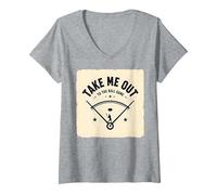 Take Me out to The Ball Juego Retro Baseball Camiseta Cuello V, Mujer, Gris Jaspeado, S