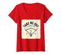 Take Me out to The Ball Juego Retro Baseball Camiseta Cuello V, Mujer, Rojo, XL
