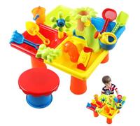 Takingup Juego de Mesa de Agua para niños pequeños, Mesa sensorial de 4 Compartimentos, Arena Cuadrada con Taburete para Playa al Aire Libre, Agua para niños, 25 uds.