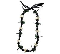 Takingup Kukui Nut Lei Collar de cuentas de graduación, collar de flores ajustable con cierre de lazo para fiesta de graduación de la escuela universitaria, negro