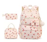 Takingup Mochila de cereza, 3 unidades/juego de linda mochila de pana con bolsa de comida y estuche para lápices para niñas y mujeres, beige para niñas