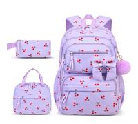 Takingup Mochila de cereza, 3 unidades/juego de linda mochila de pana con bolsa de comida y estuche para lápices para niñas y mujeres, morada para niñas