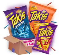 Takis Chips - Caja grande de ahorro Takis Blue Heat 92,3 g, Takis Fuego 100 g, Takis Queso Volcano 90 g, perfecto para probar y regalo, paquete de 3 unidades