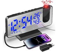 TAKRINK Despertador de Proyección 7.5 Pulgadas Digital 180° Rotativo, con Función de Radio FM Humedad Temperatura Interior con Puerto de Carga USB 2 Relojes Despertadores 4 Niveles de Brillo