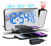 TAKRINK Despertador de Proyección Reloj Digital Proyector 180° Rotativo Radio Despertador con Radio FM Humedad Temperatura Interior con Puerto de Carga Tipo C 2 Alarmas 4 Niveles de Brillo 12/24H