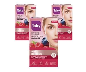 Taky Vital Berries Bandas de Cera Depilatoria Faciales, Pack de 3 x 16 Bandas + 2 Toallitas, con Extracto Natural de Arándanos, Depilación Facial para Rostro