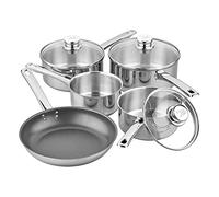 Tala Performance - Juego de utensilios de cocina de acero inoxidable de 5 piezas que contienen cacerolas con tapas de vidrio, 16, 18 y 20 cm, sartén de leche de 14 cm, sartén antiadherente de 24 cm