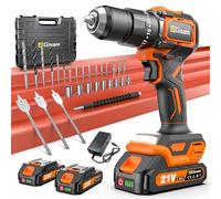 Taladro a Batería 21V, Kit Taladro Inalámbrico Con 2 Baterías, Motor Brushless 1200W 75Nm, 25+3 Niveles, Mandril 13mm, 2 Velocidades, Gran LED, 29 Accesorios Para Hogar & DIY de Jardín