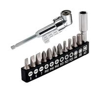 Taladro angular, accesorio de taladro, adaptador de enchufe giratorio, 2 piezas de vástago hexagonal de ángulo recto de 105°, 10 puntas de destornillador cortas en ángulo de 90° y extensión de broca