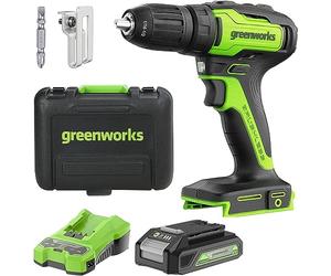 Taladro atornillador a batería Greenworks 24 V, 35 Nm, motor sin escobillas, 18 niveles de par, portabrocas de 13 mm, caja de cambios de 2 velocidades, in atería de 2 Ah y cargador, maletín