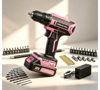 Taladro Atornillador Batería, Destornillador Eléctrico sin Cable 20V con 25+1 Ajustes de Torque, Atornillador Electrico Torque máximo 42Nm, Luz LED, 56 piezas Kit, Adecuado para proyectos DIY, Rosa