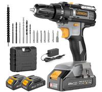 Taladro Atornillador Batería, LEEIKOO Atornillador Electrico 21V, 42N.m con 2 Baterías 2.0Ah, 18+1 Ajuste de Par, 2 Velocidad, LED Luz, 14 Accesorios Para Hogar, Bricolaje, Gris