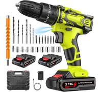 Taladro atornillador inalámbrico, 21 V atornillador desatornillador con 2 baterías 2,0 Ah, 42 Nm Taladro percusión, 25 + 3 ajustes de par, 2 velocidades, LED Light, 29 accesorios y maleta (Verde)