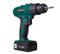 VONROC Taladro inalámbrico de 12V, 1.3Ah - in atería, cargador rápido, puntas de destornillador y bolsa de almacenamiento