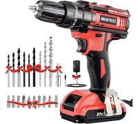 Taladro Percutor a Bateria 21V, MHPRO Taladro Atornillador con Batería 2.0Ah, Atornillador Electrico con 42Nm, 25+3 Ajuste de Par, 23 Accesorios, 2 Velocidad, LED Luz Para Hogar, Bricolaje