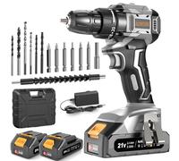 Taladro Percutor a Bateria 21V, Sin Escobillas Taladro Atornillador Bateria con 2x2.0Ah Baterías, Atornillador Electrico 45N.m, 20+1 Ajuste de Par, 14 Accesorios, 2 Velocidad, Gris (Gris)