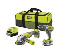Taladro percutor a batería ryobi 18v - 2 baterias - 1 punta de atornillar doble, 1 empuñadura auxiliar de la amoladora, 1 llave, 1 protector de disco, 1 disco de amolar - r18pdag-242s