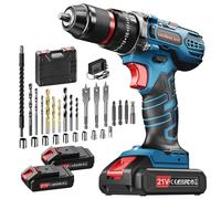 Taladro Percutor a Bateria sin Cable 21V, 2 Baterías Recargables 2,0Ah, Taladro Atornillador Batería Torque máximo 45Nm, 25+3 Ajustes Torque, Doble Velocidad & Luz LED, Kit de Accesorios de 29 Piezas