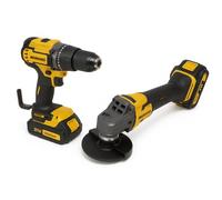 Taladro Percutor y Amoladora Angular 21V con Motor Sin Escobillas, 5h de Uso, Carga Rápida 90min, Taladro 13mm + Amoladora 115mm, 750RPM, Batería 1500mAh, Set Profesional con Accesorios