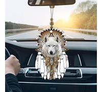 Talataca Adorno de coche plano 2D de nativo americano y cuentas de madera, accesorios de espejo retrovisor con cuentas de lobo blanco, dije colgante de retrovisor, decoración de árbol de Navidad