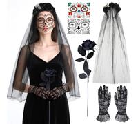 TaleMoon Diadema Catrina Mujer, Pegatinas Halloween para Cara, Maquillaje Catrina, Diadema Flores Mexicana Día de los Muertos, Velo Negro, para Masquerade Fiesta Cosplay Prom Party(B)