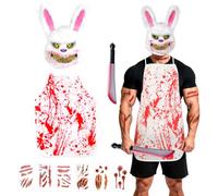 TaleMoon Disfraz de Conejo Sangrienta,Mascara de Conejo Sangriento,Machete,Delantal,Pegatinas de Manchas de Sangre,Disfraces de Halloween,Disfraz de Terror para Fiesta Cosplay Adulto
