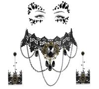 TaleMoon Gargantilla Negra Gotica Set,Steampunk Accesorios Disfraz,Collar Gótico Gótica Pegatina Facial Disfraces Pulsera de Encaje Negro de Mujer,para Halloween Carneval Vampire Cosplay