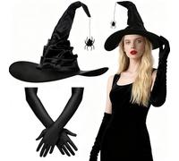 TaleMoon Sombrero de Bruja Halloween,Gorro Bruja Mujer, Guantes Negros Disfraz, Plegable Wizard Sombrero Accesorio de Cosplay de Fiesta para Fiesta de Disfraces Fiestas de Halloween y Carnaval