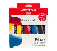 Talens AMSTERDAM - Juego de pintura acrílica para principiantes, incluye 3 puntas dosificadoras, 5 x 120 ml, pintura acrílica