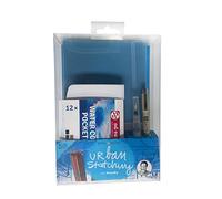 Talens Art Creation set urban sketching (azul) con Swasky, caja 12 acuarelas en pastillas, waterbrush, puntafina, libreta sketchbook, manual paso a paso