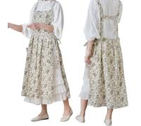 TALIBSA Pinafore - Delantal de algodón japonés con espalda cruzada para mujer con bolsillos, vestido de pinafore con lazos en la cintura, flor blanca