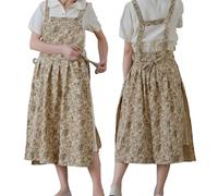 TALIBSA Pinafore - Vestido delantal, delantal japonés de lino y algodón con espalda cruzada para mujer con bolsillos, vestido pinafore con lazos en la cintura, flor marrón