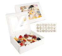 talifoca 10 cajas para cupcakes con ventana transparente y pegatinas, caja de cartón blanco resistente para decorar tartas y transportar cupcakes, 12 agujeros