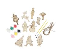 Talking Tables 10 decoraciones navideñas de madera con cordel, kit de pintura para niños y adultos, manualidades para niños, actividades para Navidad con 2 pinceles, relleno de calcetines a partir de