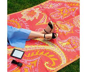 Talking Tables Alfombra Tejida Impermeable para Exterior, 180 x 120 cm, Rosa y Amarillo | Alfombrilla de plástico Ligera con Estampado de Cachemira | para jardín, Patio, terraza, baño, Picnic