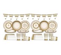 Talking Tables Paquete de decoraciones para fiestas en blanco y dorado para 16 invitados Navidad té banderines reversibles para fiestas platos de papel servilletas desechables vasos de papel
