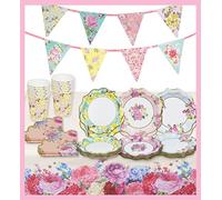 Talking Tables Pink Floral Tableware Set Tea Party Decorations for 12 Guests Paper Plates and Napkins, Recyclable Cups, Bunting Tablecloth Perfect for Birthday, Mother's Day, Afternoon Tea, Rosa