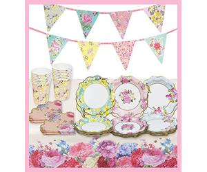 Talking Tables Pink Floral Tableware Set Tea Party Decorations for 12 Guests Paper Plates and Napkins, Recyclable Cups, Bunting Tablecloth Perfect for Birthday, Mother's Day, Afternoon Tea, Rosa