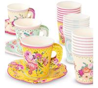 Talking Tables Tazas y Platillos de Papel Diseños Vintage Surtidos, 12 Piezas, 170 ml, Amarillo/Rosa/Verde