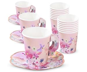 TalkingTables Blossom Tea Party Tazas y Platillos de Papel | Pack de 12 | Colores Pastel Surtidos