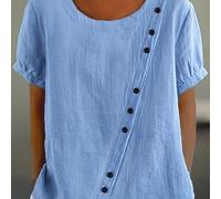 Talla grande, camisa de manga corta de ajuste holgado para mujer, top elegante y chic con botones asimétricos + cuello , versátil para desplazamientos y citas en /verano