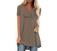 Talla grande, Estampado, Cuello en V, Manga Corta, Camiseta Larga Blusa Top Sexy Mujer, caqui, XL