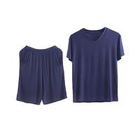 Talla Grande Pijama Hombre Corto Conjunto Verano Camiseta Manga Corta y Pantalones Cortos con Bolsillos Ropa de salón per Hogar Casual (Color : Blue Vneck, Size : 6XL)