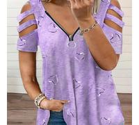 Talla Grande - Talla Grande - 2021 US Europa -Border Wish Prendas de Vestir para Mujer con Cuello en V, Cremallera, Estampado, Manga Corta, Suelta, Camiseta Casual, Top para Mujer